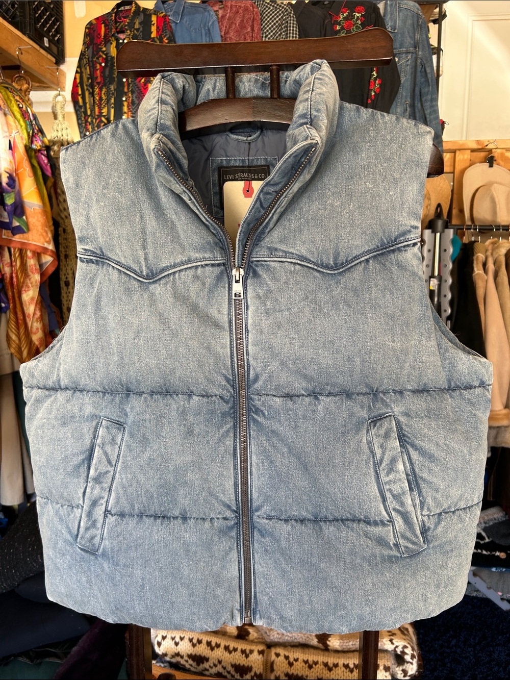 NWT Levi's Light Blue Denim Puffer Vest - Men's Sleeveless Quilted Vest